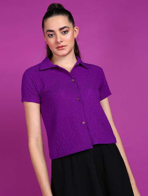 women solid collared short sleeves shirt - 21525789 -  Standard Image - 0