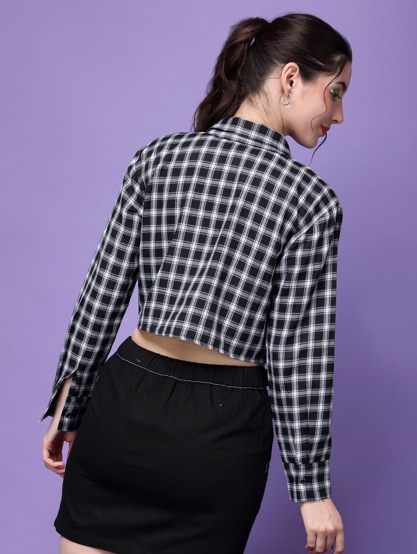 women checkered collared crop shirt - 21525803 - Standard Image - 2