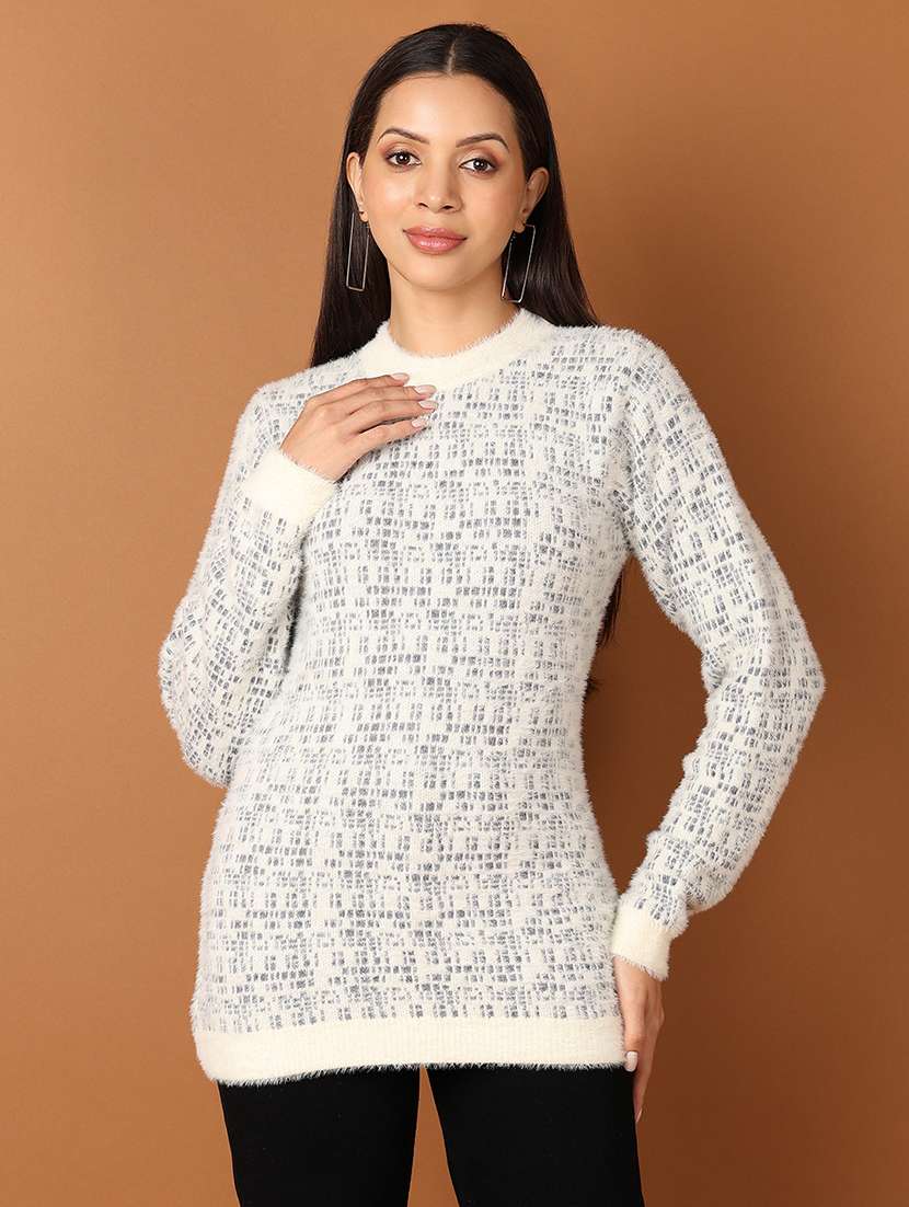 women off white self design pullover sweater