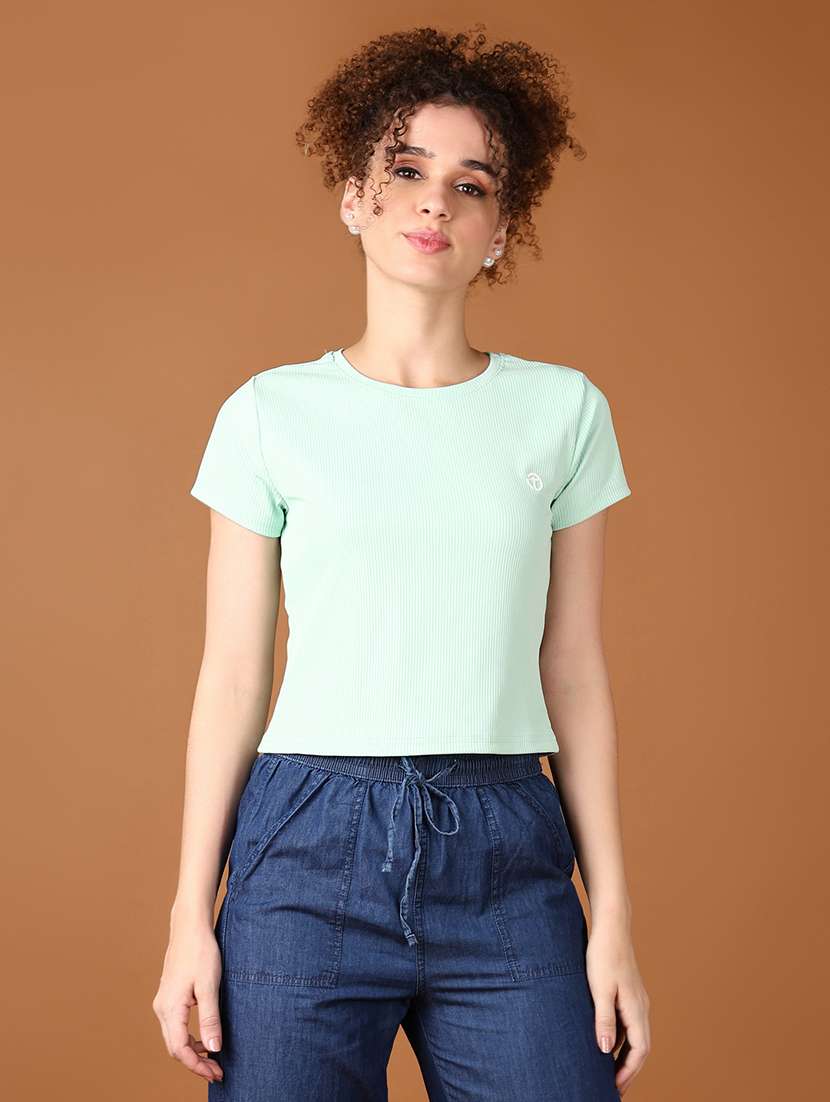women solid round neck crop t-shirt