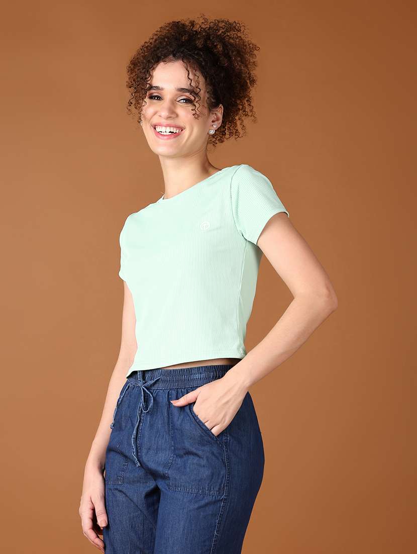women solid round neck crop t-shirt - 21527386 -  Standard Image - 2