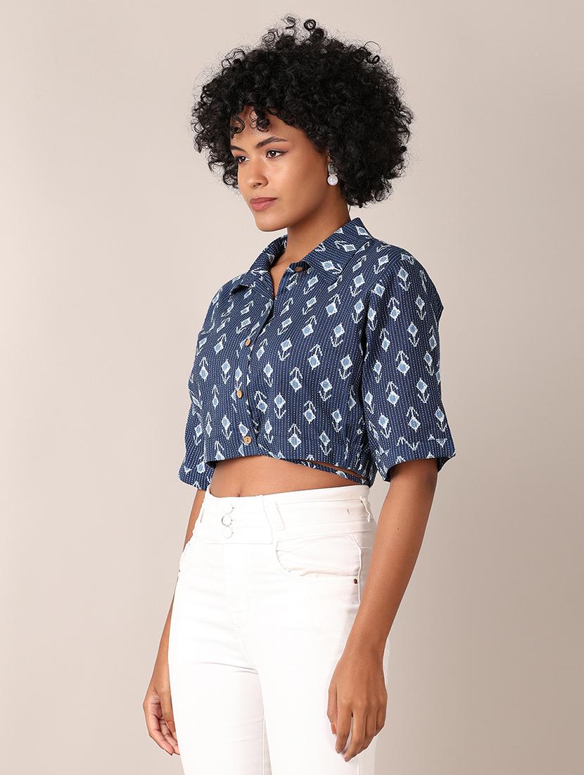 women printed collared crop top - 21527399 - Standard Image - 2
