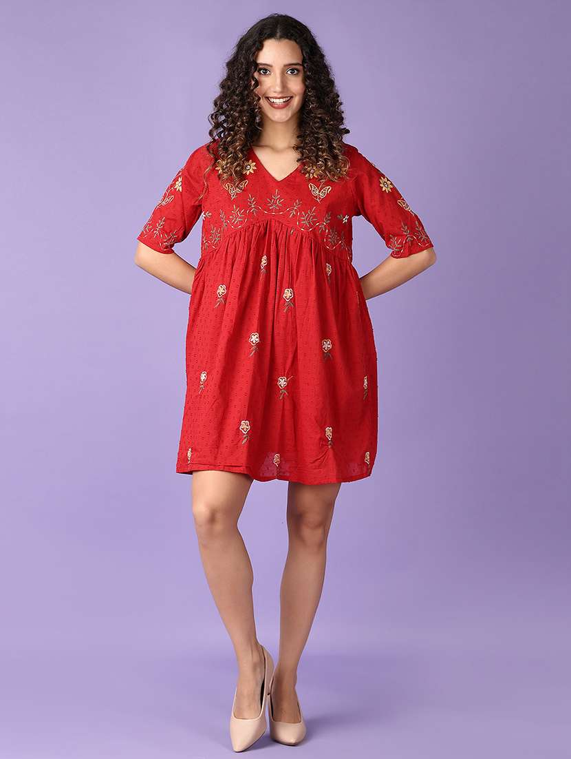 women red embroidered flared ethnic dress