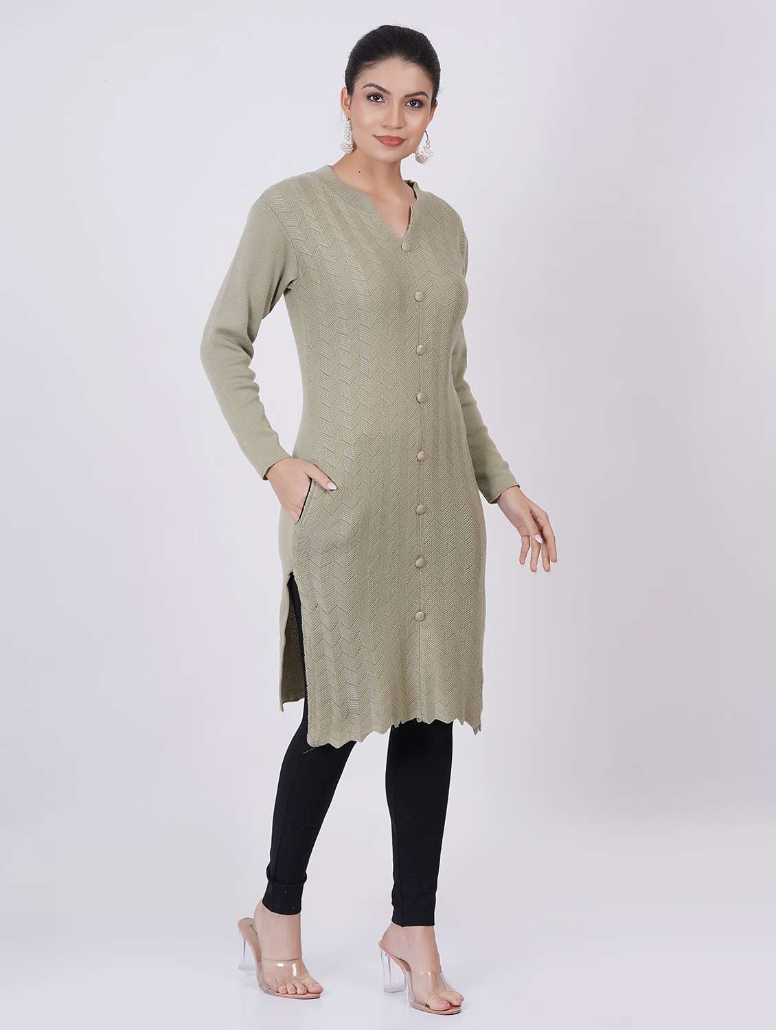 women long sleeve self-designed woolen kurta - 21527791 -  Standard Image - 2