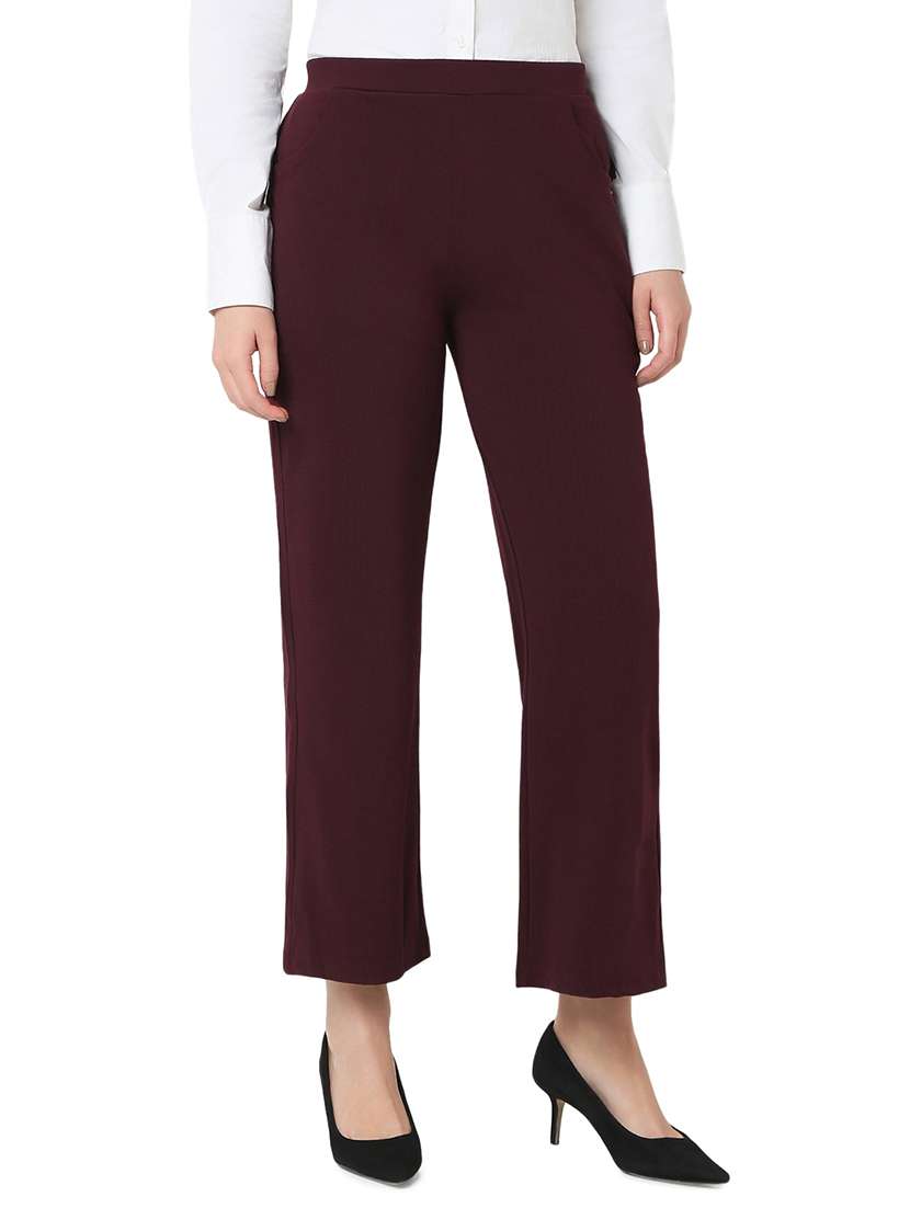 women burgundy cotton lycra tailored trouser - 21527958 -  Standard Image - 2
