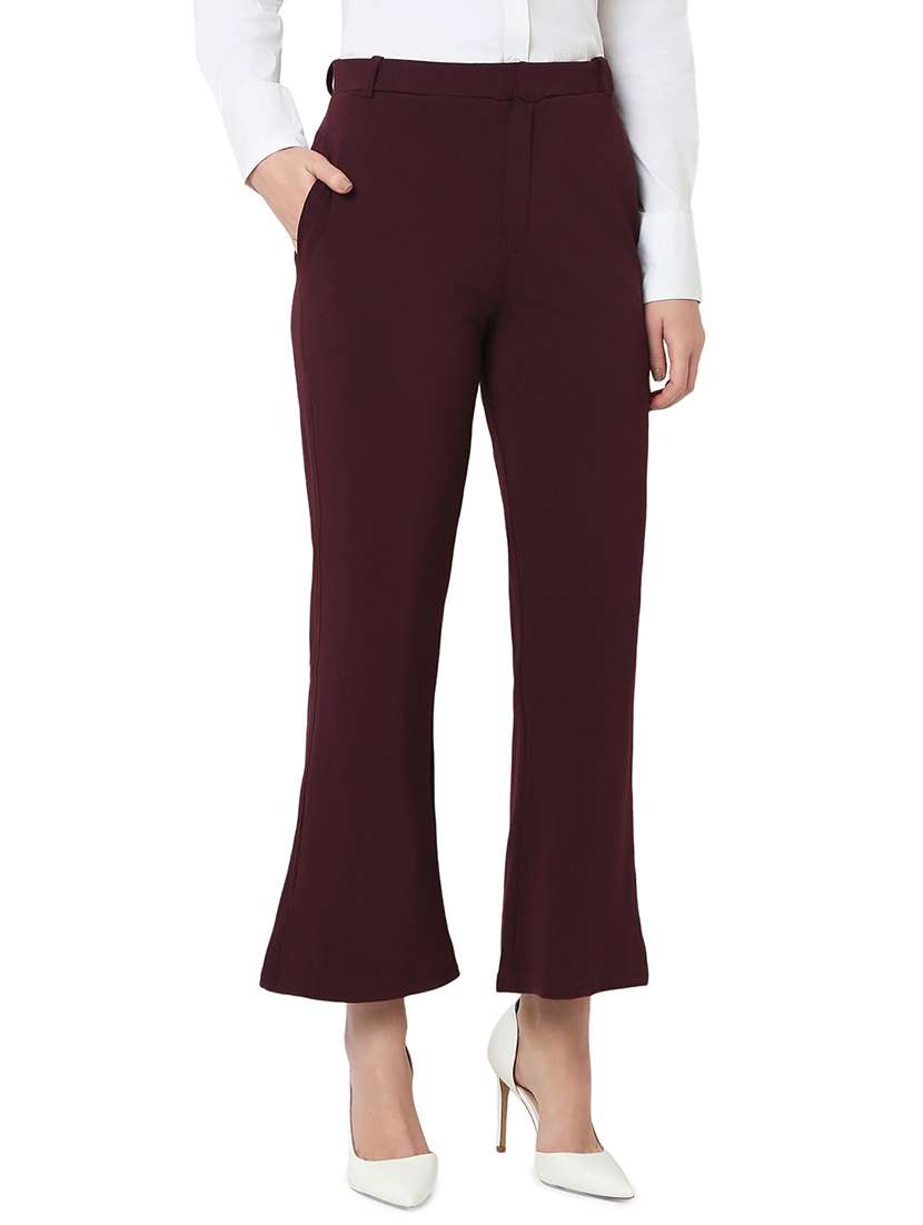 women burgundy cotton lycra bootcut trouser - 21527961 -  Standard Image - 2