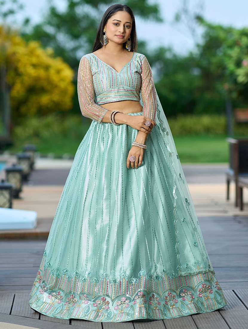 women sea green flared lehenga