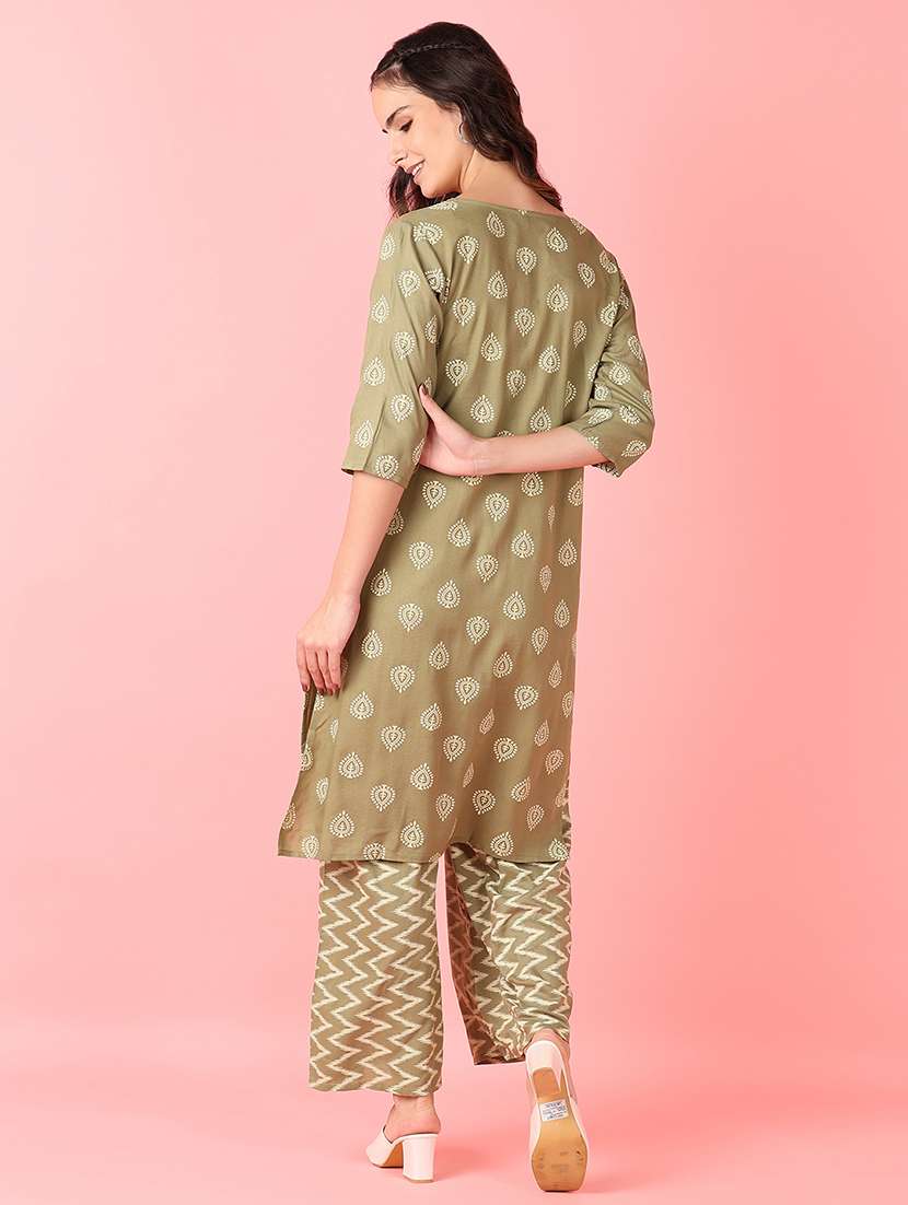 women olive printed kurta palazzo set  - 21528216 -  Standard Image - 2