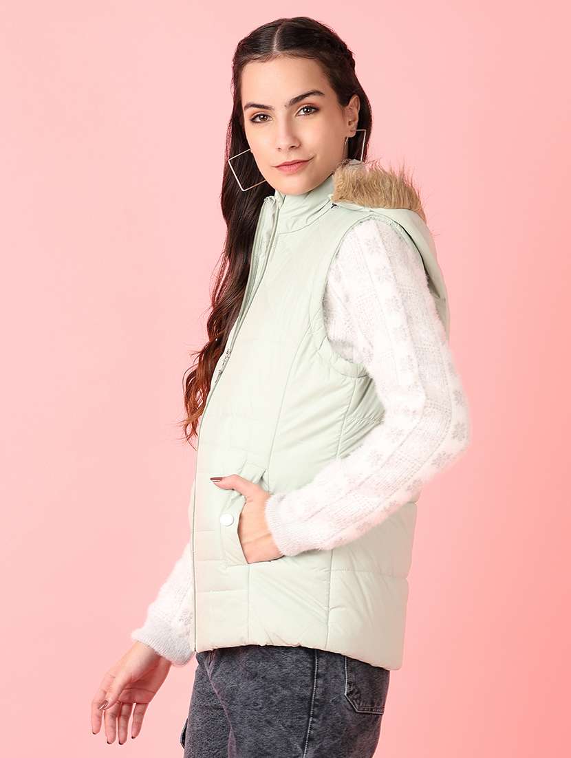 women solid sleeveless quilted hooded jacket - 21528763 -  Standard Image - 2