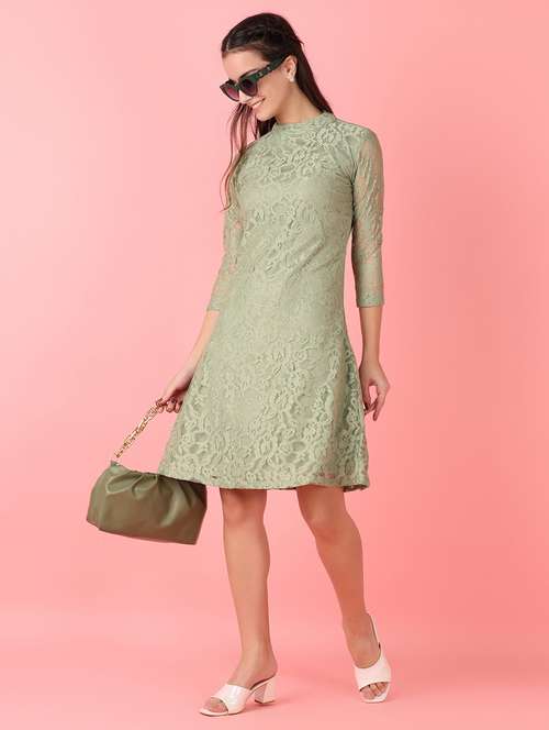 women solid lace detauled a-line dress - 21528848 - Standard Image - 0
