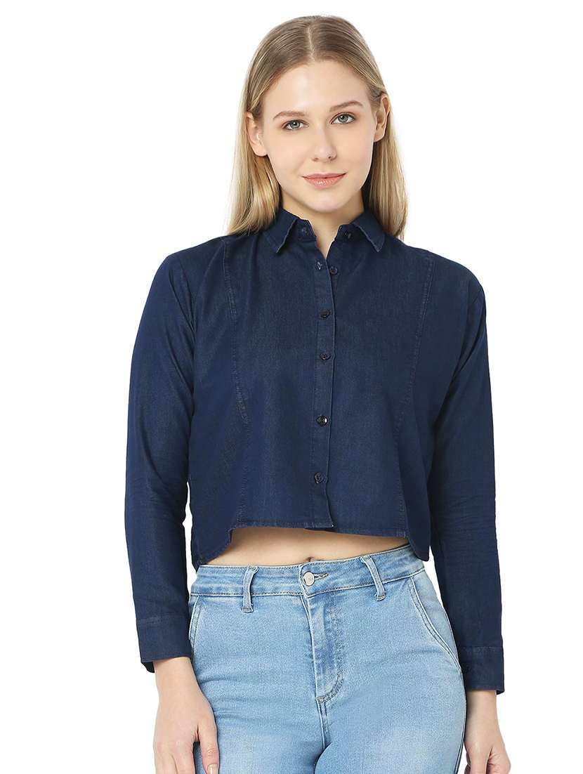 women navy blue denim boxy shirt