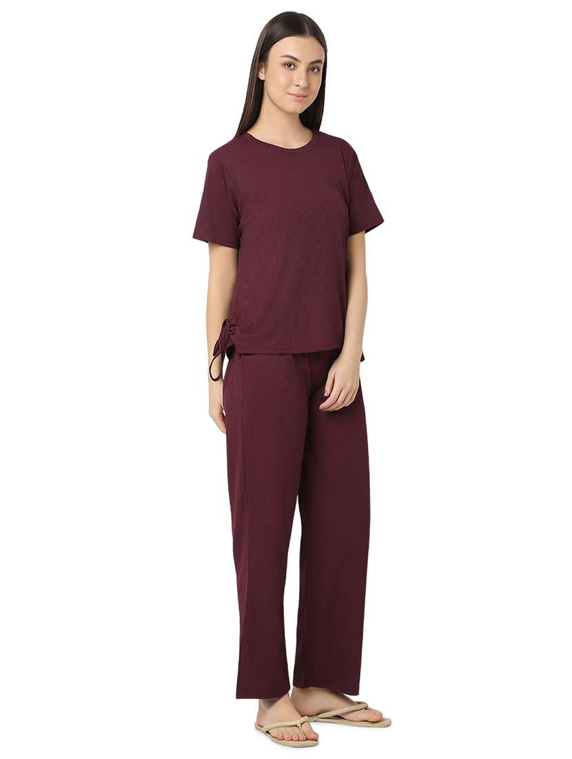 women burgundy cotton pyjama nightwear set - 21529263 - Standard Image - 2