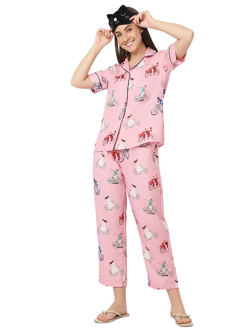 women pink cotton pyjama nightwear set - 21529281 -  Standard Image - 2