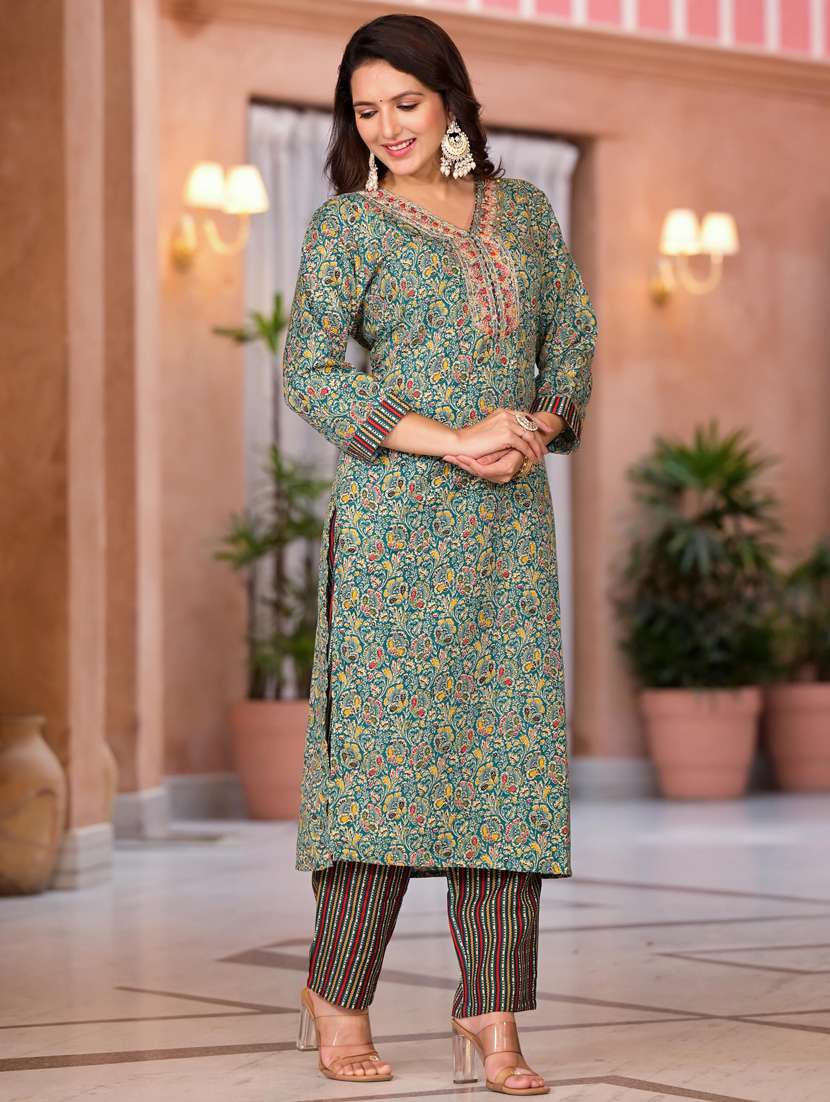 women printed three quarter sleeve suit set - 21529326 -  Standard Image - 2