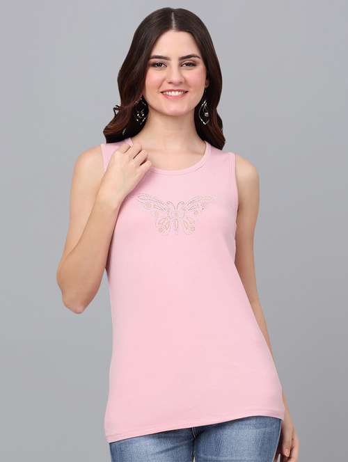 women pink cotton tank t-shirt - 21529457 - Standard Image - 0