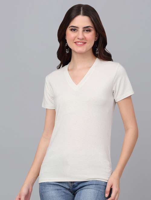 women off white cotton regular t-shirt - 21529459 -  Standard Image - 0