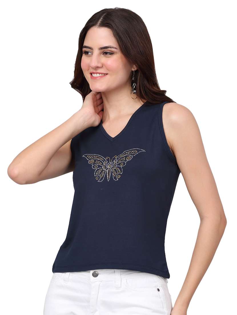 women navy blue cotton regular t-shirt