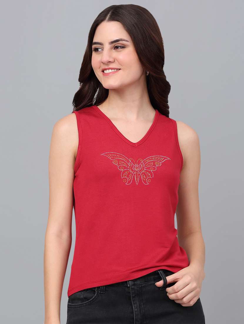 women red cotton regular t-shirt