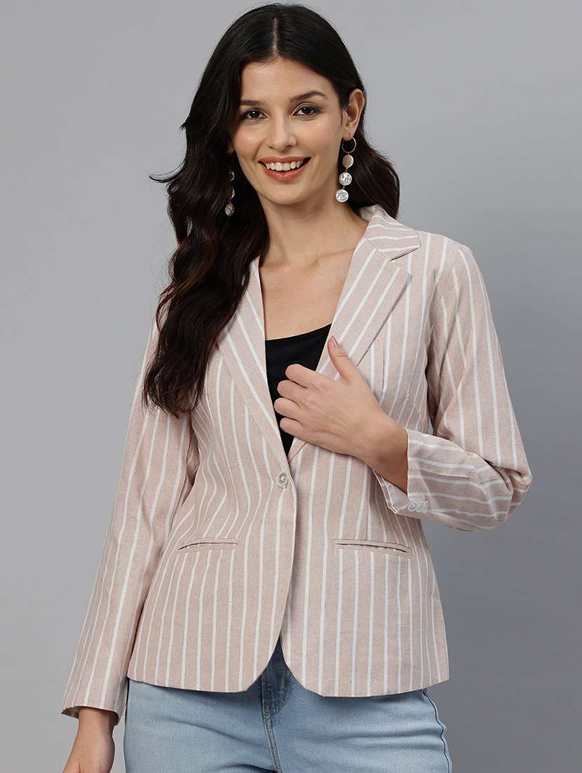 women striped long sleeve single breasted blazer