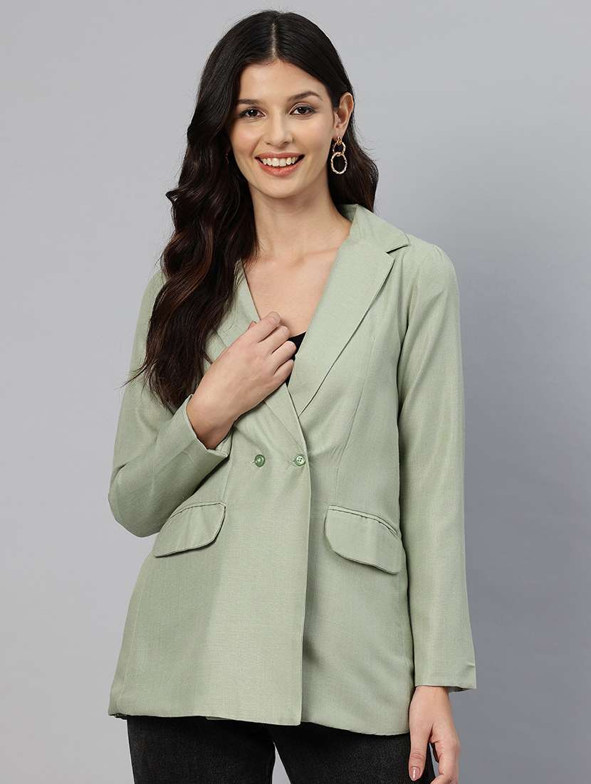 women solid long sleeve double breasted blazer