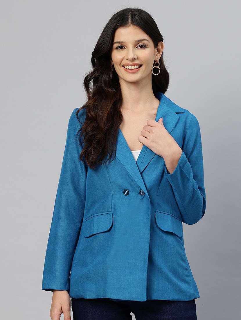 women solid long sleeve double breasted blazer