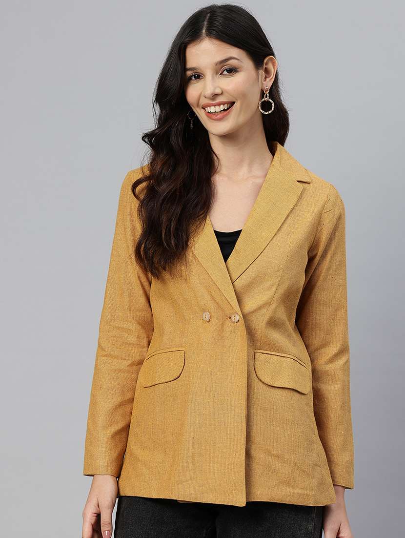 women solid long sleeve double breasted blazer