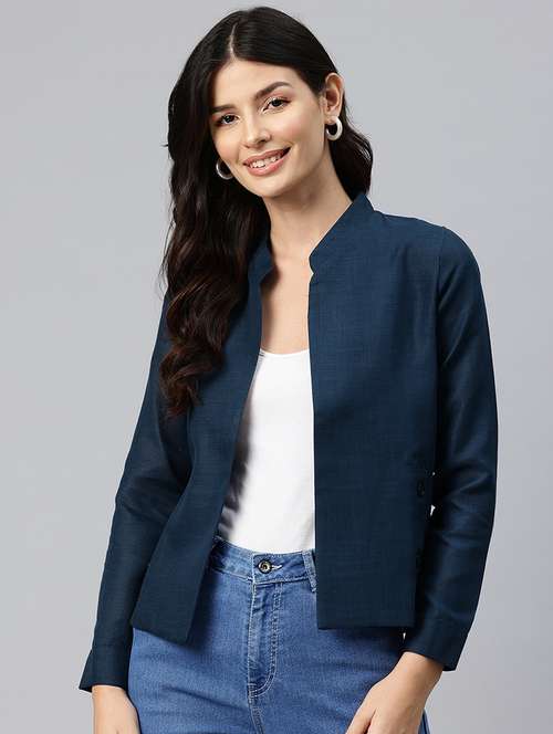 women solid long sleeve mandarin neck casual blazer