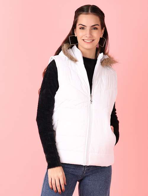 women solid sleeveless quilted hooded jacket - 21529762 -  Standard Image - 0