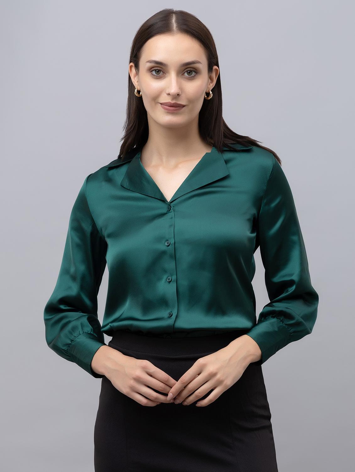 women bottle green satin regular shirt - 21529979 - Zoom Image - 0