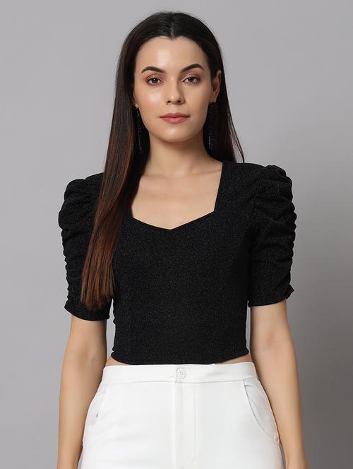 women solids puff sleeves crop top - 21529997 -  Standard Image - 0
