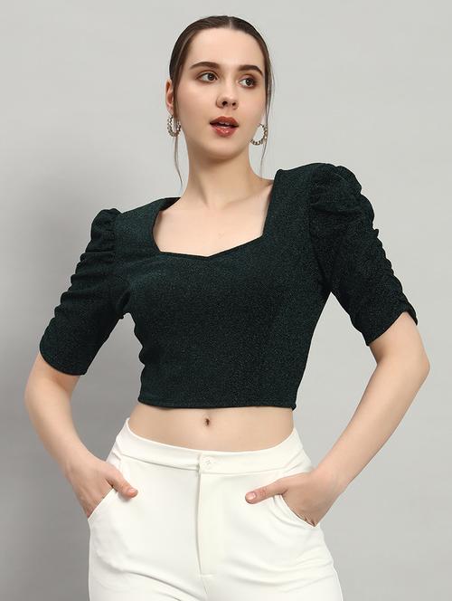 women solids puff sleeves crop top - 21529998 -  Standard Image - 0