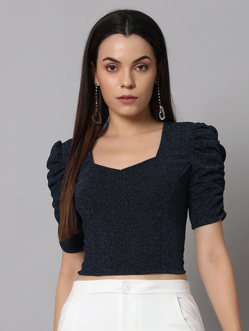 women solids puff sleeves crop top - 21530001 -  Standard Image - 0