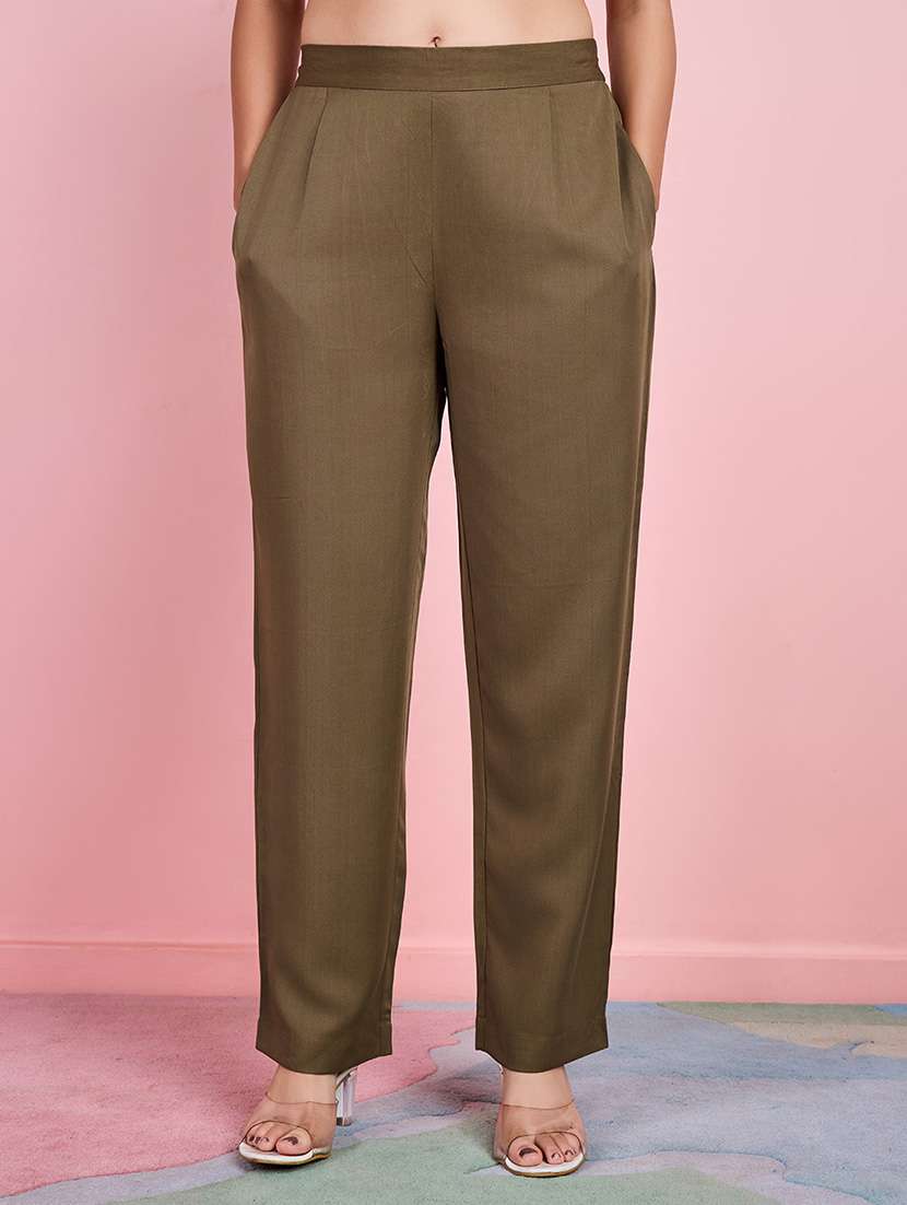 women solid mid rise tailored pant