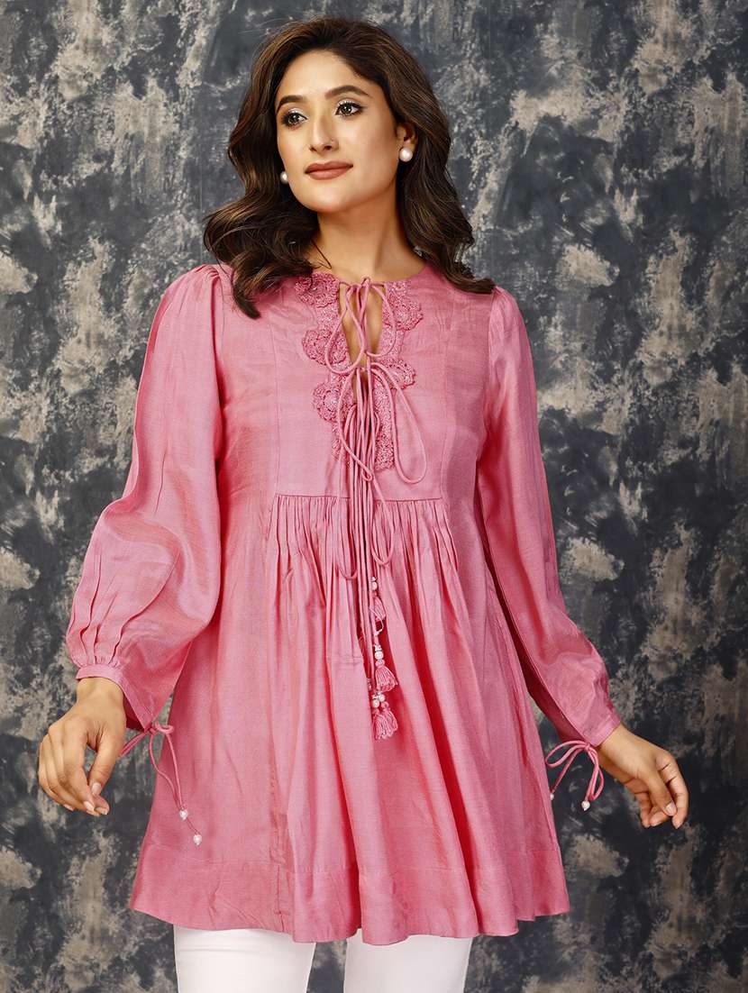 women solid tie up neck flared tunic 