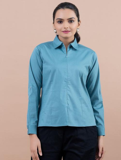 women blue cotton regular shirt - 21530132 - Standard Image - 0