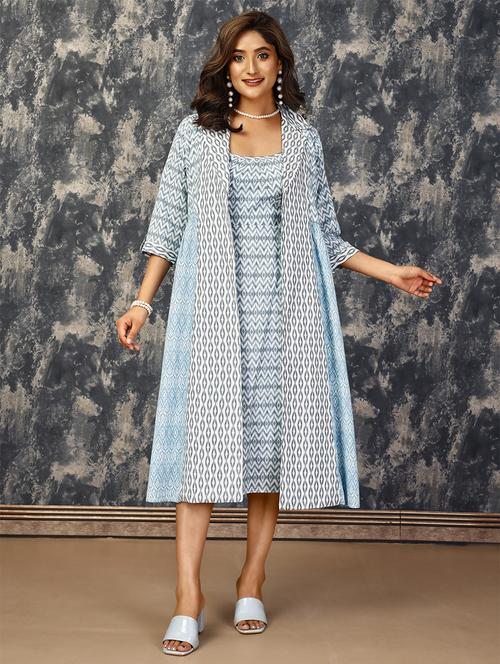 women light blue cotton blend a-line dress with shrug - 21530167 - Standard Image - 0