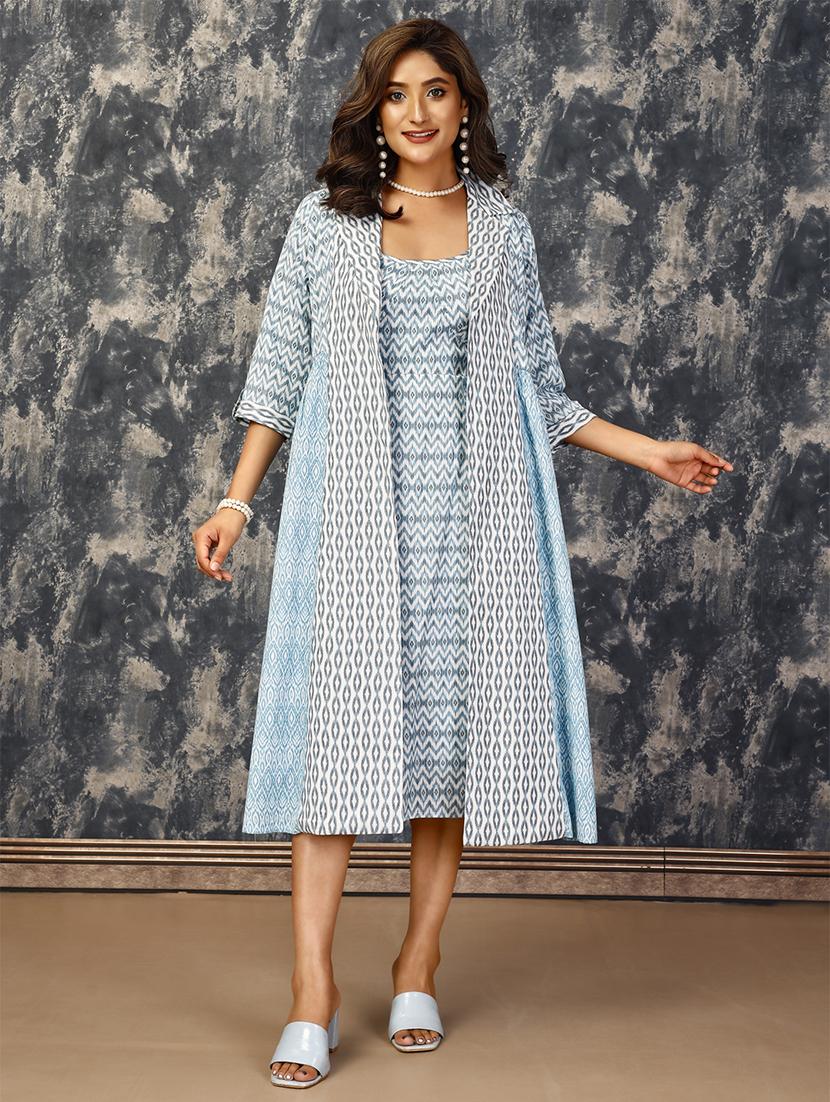 women light blue cotton blend a-line dress with shrug - 21530167 - Zoom Image - 0