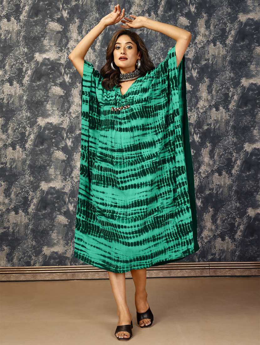 women green tie & dye printed kaftan dress
