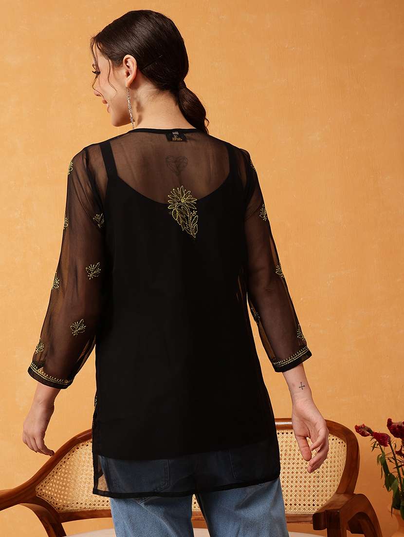 Women Black Chikankari Straight Kurti - 21530456 -  Standard Image - 2