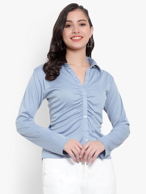 women light blue cotton blend regular shirt - 21531235 -  Standard Image - 0