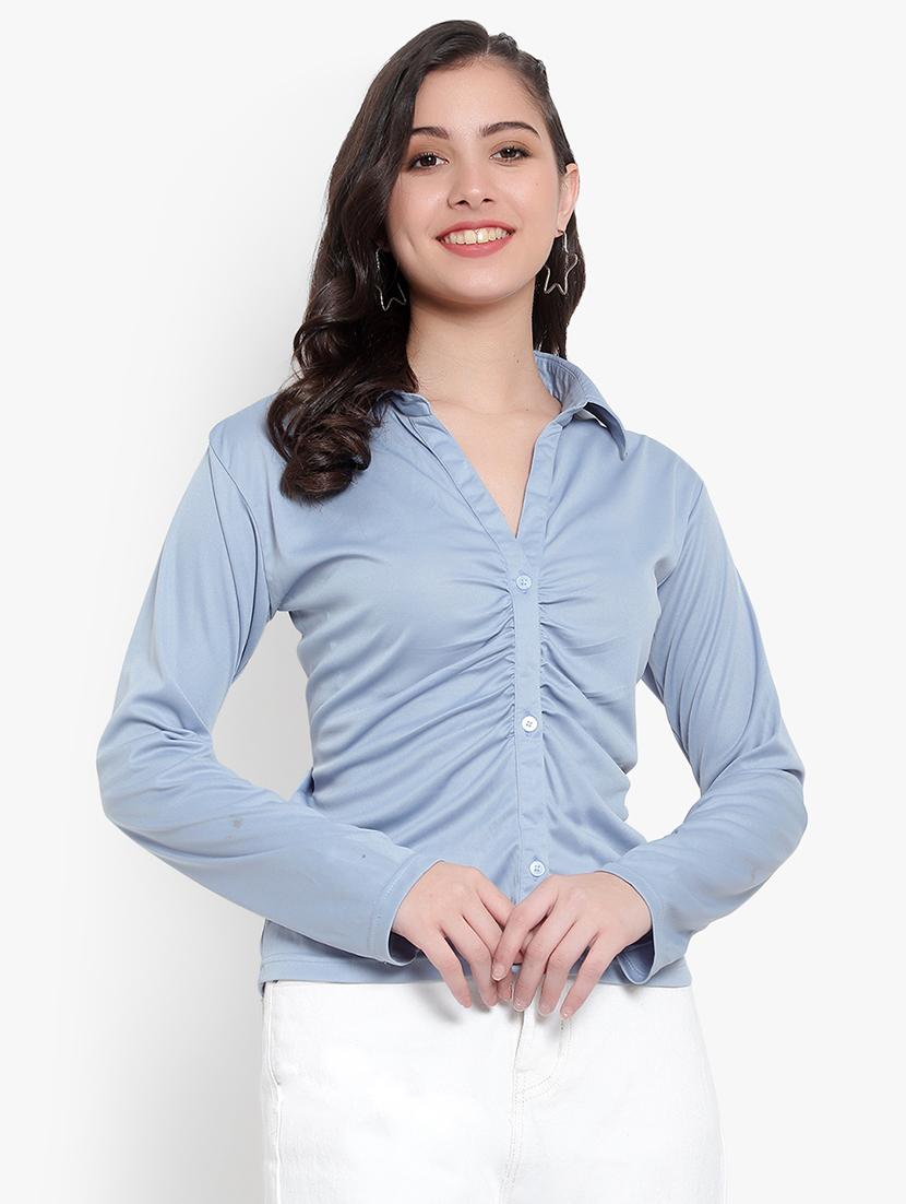 women light blue cotton blend regular shirt - 21531235 -  Zoom Image - 0