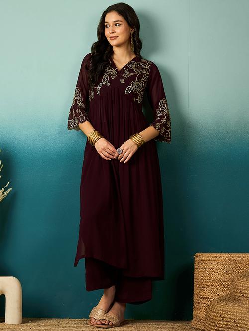 women sequin work v neck kurta palazzo set - 21531336 - Standard Image - 0