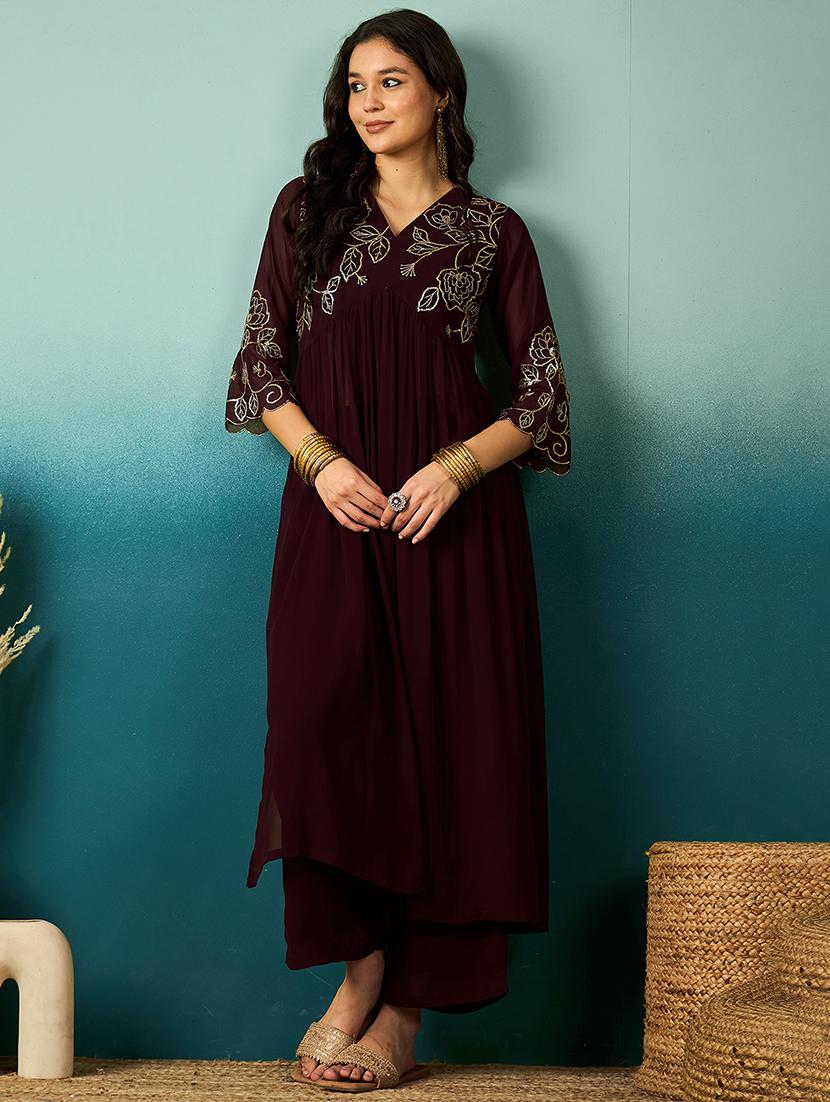 women sequin work v neck kurta palazzo set - 21531336 - Zoom Image - 0