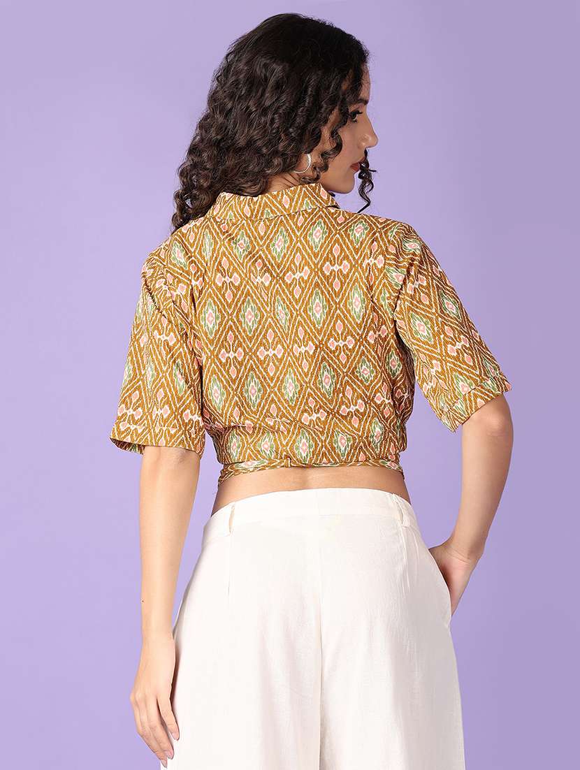 women printed collared short sleeves crop top - 21531502 -  Standard Image - 2