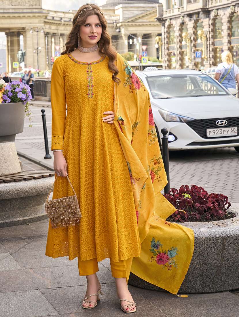 women embroidered anarkali kurta pant set with dupatta