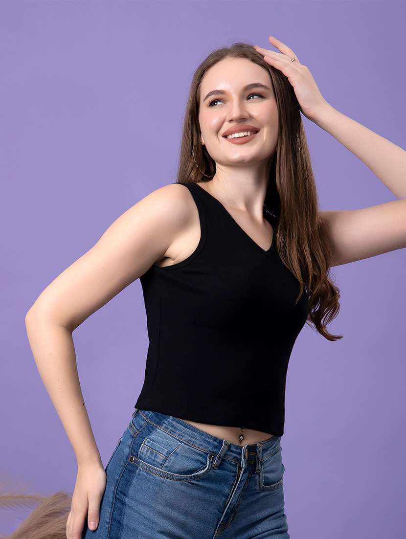 women solid sleeveless crop top - 21531755 - Standard Image - 2