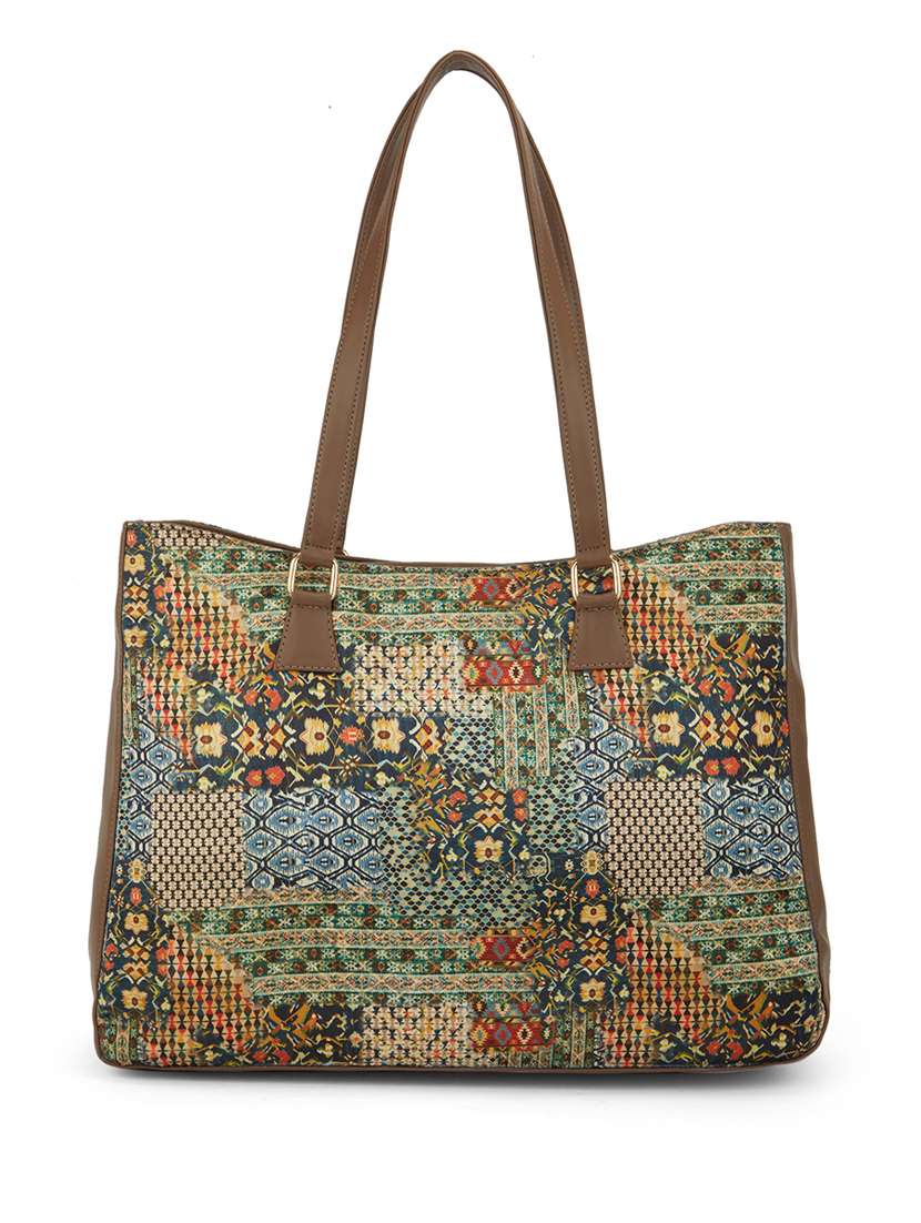 green polyester ethnic tote