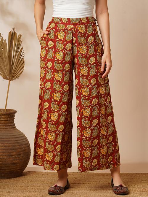globus women maroon paisley ethnic print mid-rise partially elasticated ankle length flared palazzos - 21531795 -  Standard Image - 0