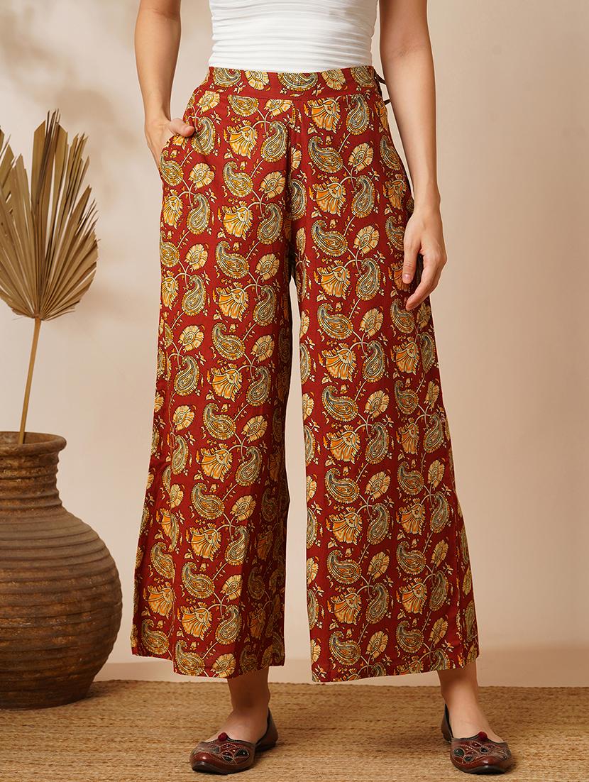 globus women maroon paisley ethnic print mid-rise partially elasticated ankle length flared palazzos - 21531795 -  Zoom Image - 0