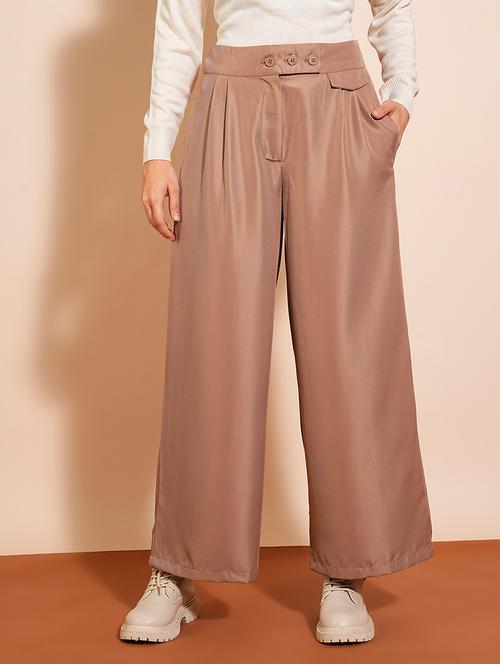 globus women khaki solid high-rise pleated wide-leg workwear trousers - 21531797 - Standard Image - 0